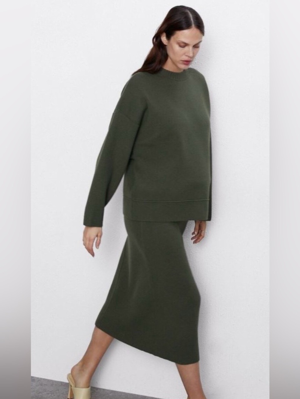 Zara NWT Olive Green Knit Midi Skirt | High Waist Quiet Luxury